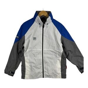 Mooto Taekwondo Mens L  Full Zip Windbreaker Jacket Hooded White Blue Gray Logo